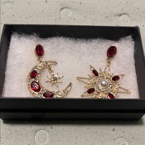 Gold-Tone Red Gem & Pearl Celestial Drop Earrings